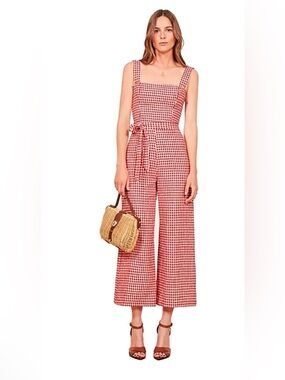 Reformation Birch Size 12 Linen Wide Leg Jumpsuit Red White Gingham!